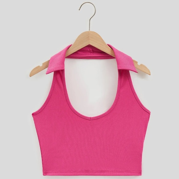 Women Ribbed Crop Top Size XS Pink-Magenta Halter Neck Backless Sleeveless - Picture 6 of 12